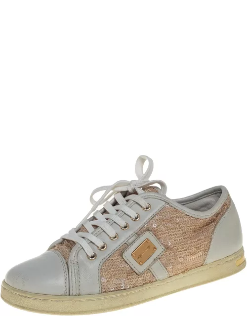 Dolce &Gabbana White/Brown Leather Sequin Embellished Sneaker