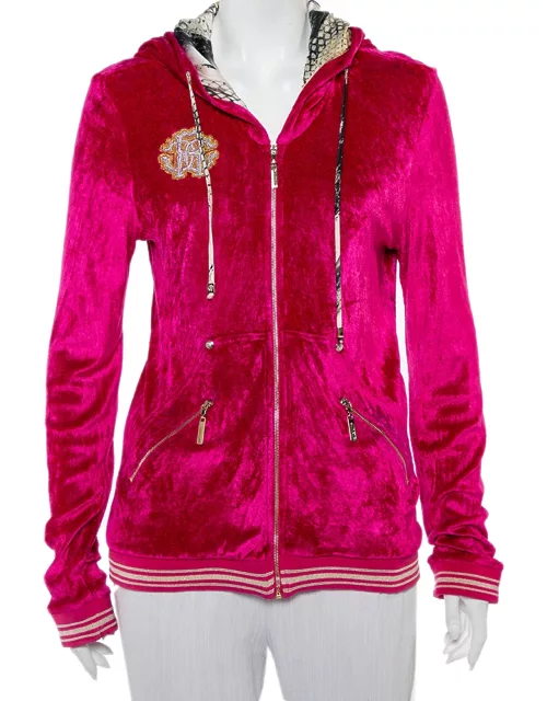 Roberto Cavalli Pink Velour Hooded Zip Front Jacket