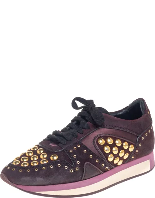 Burberry Burgundy Suede And Satin Studded Low Top Sneaker