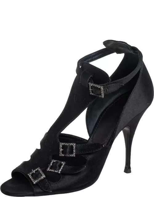 Givenchy Black Satin Cystal Buckle Embellished T-Strap Open Toe Sandal