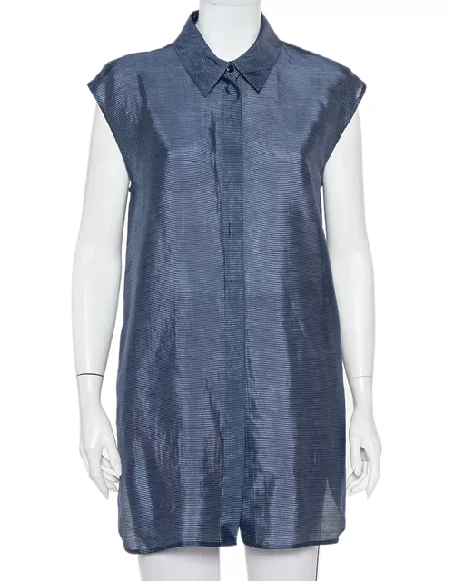 Armani Collezioni Navy Blue Striped Linen & Silk Sleeveless Long Shirt