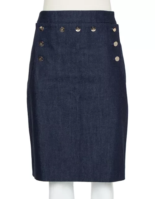 CH Carolina Herrera Navy Blue Denim Button Detail Knee Length Skirt