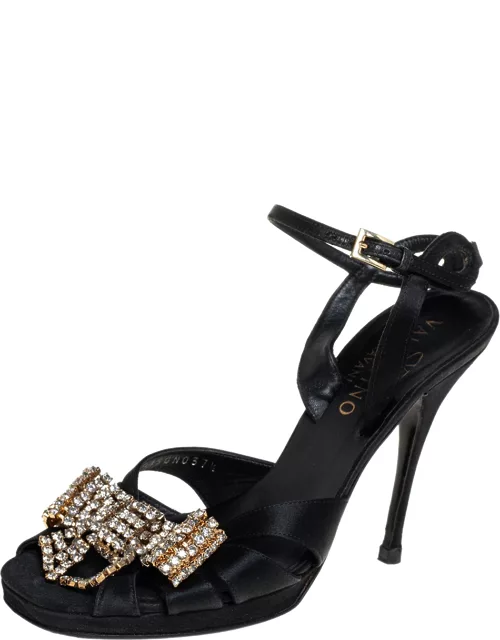 Valentino Black Satin Bow Crystal Embellished Ankle strap Sandal