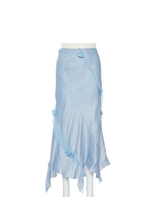 Emporio Armani Blue Linen & Silk Floral Applique Trim Detail Midi Skirt