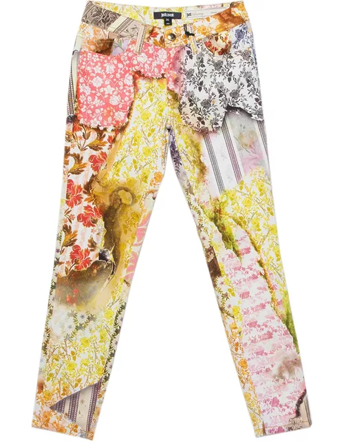Just Cavalli Multicolor Floral printed Cotton Skinny Leg Trousers