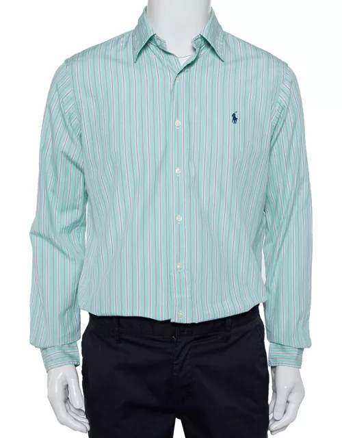 Ralph Lauren Green Striped Cotton Button Front Custom Fit Shirt