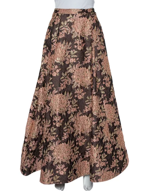 Alice + Olivia Brown Lurex Floral Jacquard Pleated Rachelle Maxi Skirt
