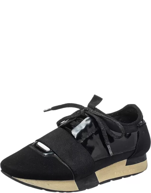 Balenciaga Black Patent Leather And Neoprene Race Runner Low Top Sneaker