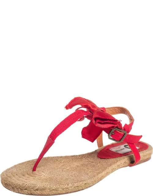 Lanvin Red Leather And Satin Bow Espadrille Thong Flat Sandal