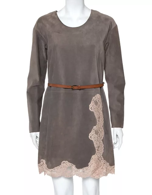 Chloe Grey Suede Lace Trim Detail Belted Dress