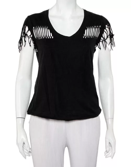 Zadig & Voltaire Black Cotton Scoop Neck Wanda Fringes T-Shirt