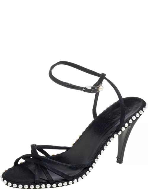 Chanel Black Satin Pearl Embellished Ankle Wrap Sandal