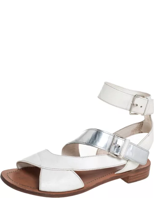 Prada White/Silver Leather Flat Ankle Strap Sandal