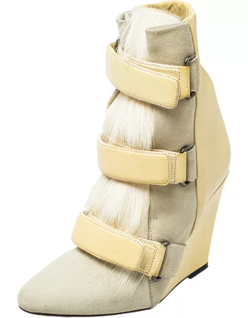 Isabel Marant Cream Leather Suede And Calf Hair Pierce Wedge Ankle Boot