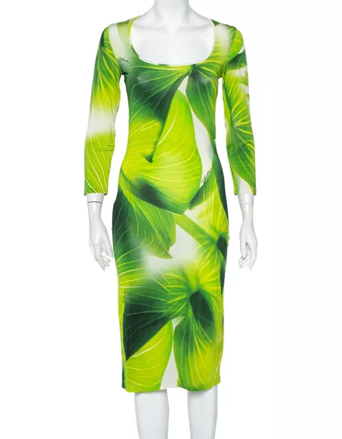 Just Cavalli Green Leaf Printed Knit Scoop Neck Sheath Dress