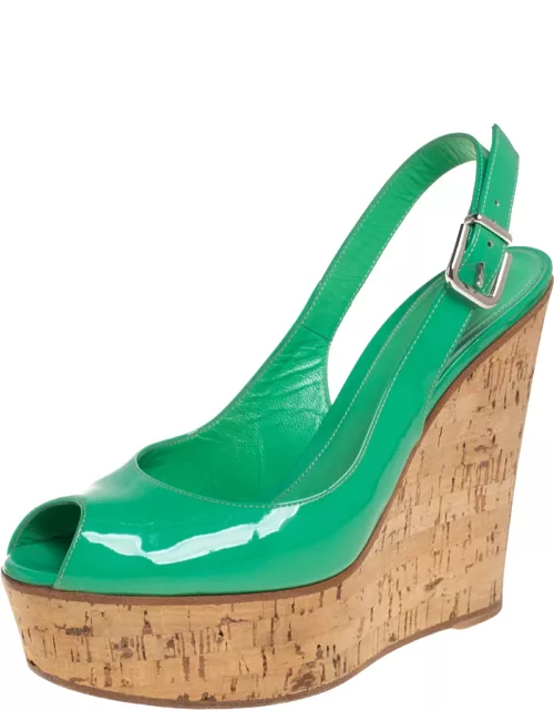 Gianvito Rossi Green Patent Leather Cork Wedge Platform Slingback Sandal