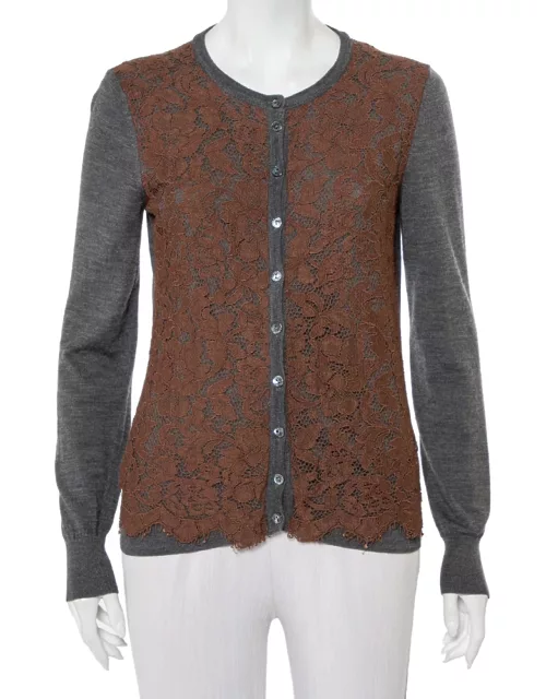 Dolce & Gabbana Grey Wool Contrast Lace Trim Button Front Cardigan