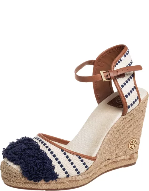 Tory Burch Multicolor Canvas And Leather Trim Wedge Espadrille Ankle Strap Sandal
