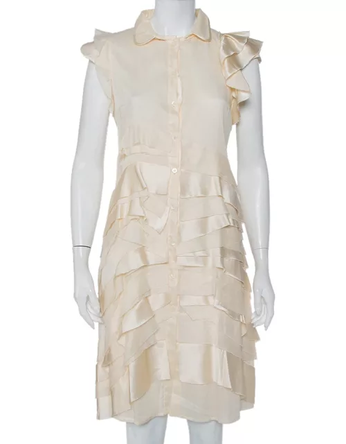 Prada Cream Silk Detachable Collar Detail Ruffled Shirt Dress