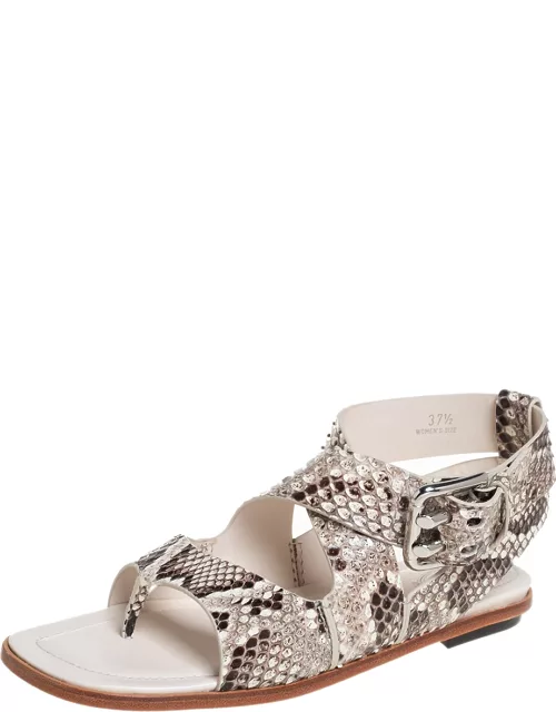 Tod's Brown/Cream Python Leather Ankle Strap Flat Sandal