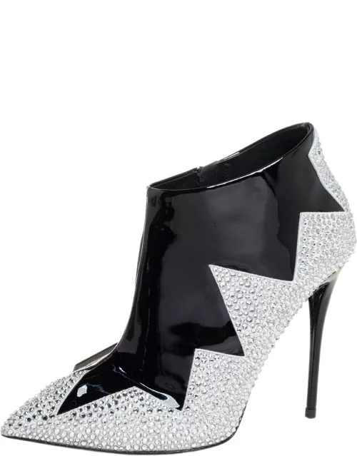 Giuseppe Zanotti Black Patent Leather And Suede Crystal Zig Zag Patterned Bootie