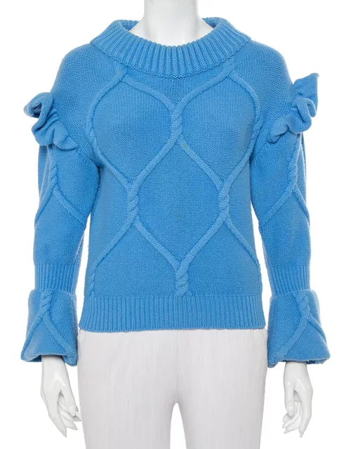Burberry Blue Wool & Cashmere Ruffle Detail Sweater