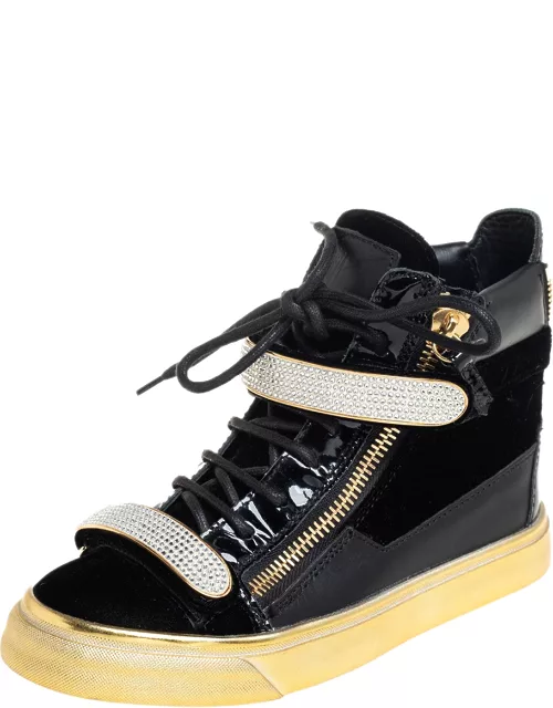 Giuseppe Zanotti Black Patent Leather and Velvet Crystal Strap High Top Sneaker