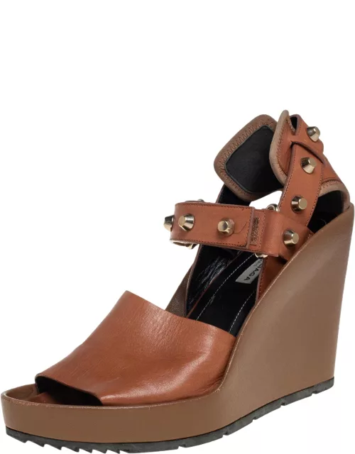 Balenciaga Brown Leather Wedge Ankle Strap Sandal