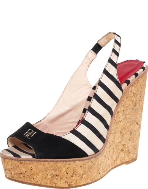 CH Carolina Herrera Black/White Fabric And Suede Cork Wedge Platform Peep Toe Slingback Sandal