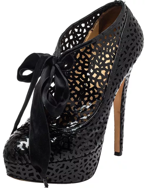 Charlotte Olympia Black Leather Cutout Ankle Length Bootie