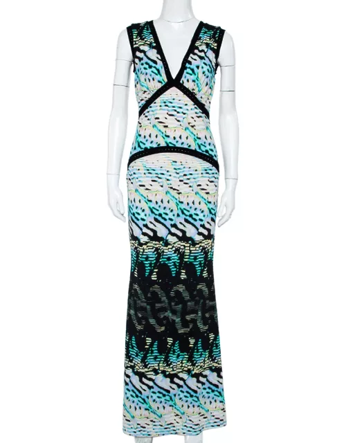 Roberto Cavalli Multicolor Printed Knit Paneled Sleeveless Maxi Dress