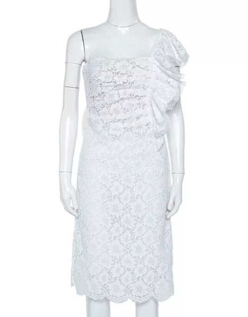 Valentino White Lace Ruffle Detail One Shoulder Midi Dress
