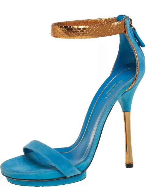 Gucci Blue/Gold Suede and Python Leather Kelis Ankle Strap Platform Sandal