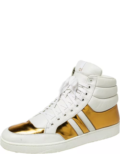 Gucci White/Gold Leather Lace Up High Top Sneaker