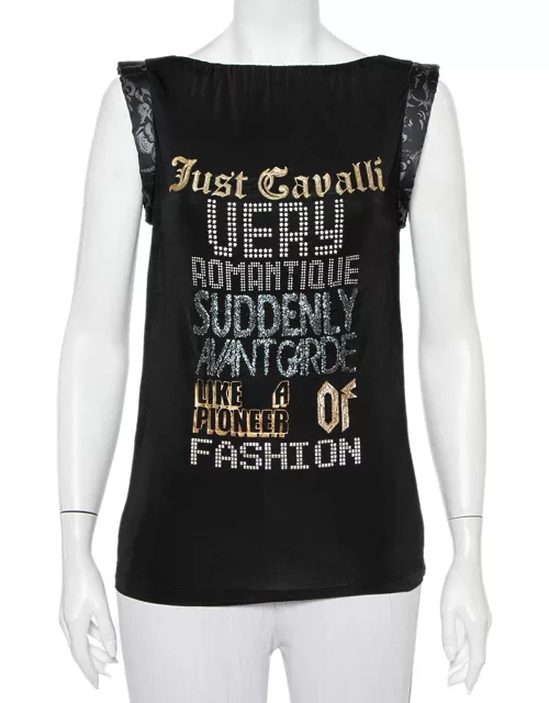 Just Cavalli Black Printed Jersey Puffed Armhole Detail T-Shirt