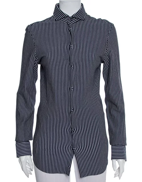 Emporio Armani Navy Blue Striped Cotton Knit Button Front Shirt