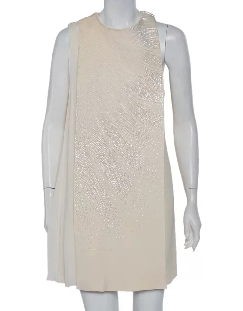 Christian Dior Cream Wool & Silk Sequin Embellished Cape Detail Shift Dress
