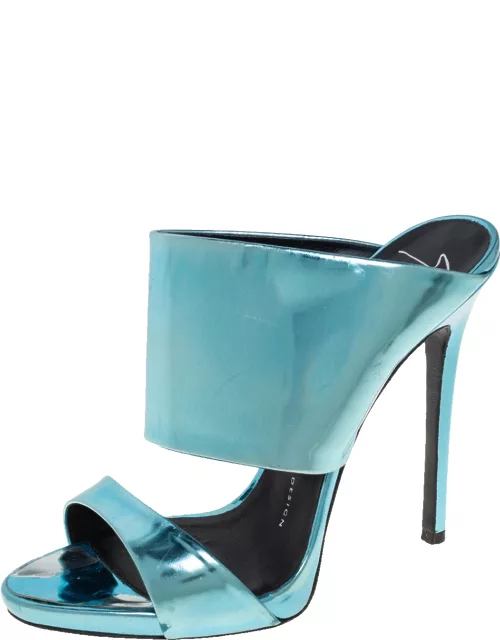Giuseppe Zanotti Metallic Blue Leather Wide Strap Sandal
