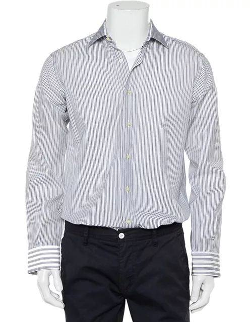 Etro White & Navy Blue Striped Cotton Button Front Slim Fit Shirt