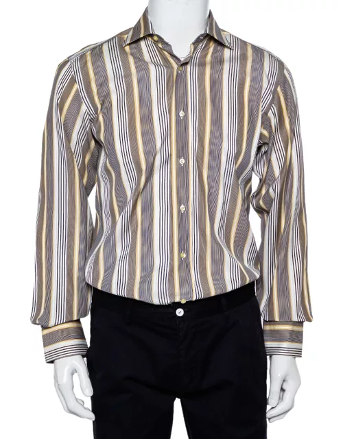 Etro Yellow & Navy Blue Striped Cotton Button Front Shirt