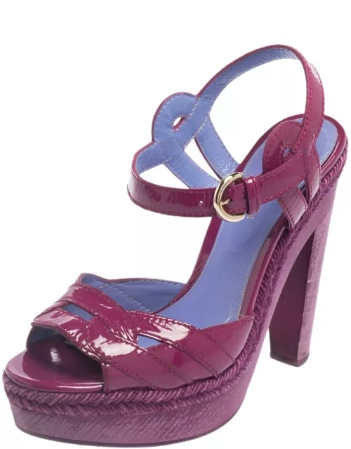 Sergio Rossi Purple Patent Leather Wooden Platform And Heel Ankle Strap Sandal