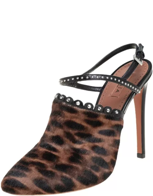 Alaia Brown Leopard Print Calf Hair And Black Studded Leather Slingback Sandal