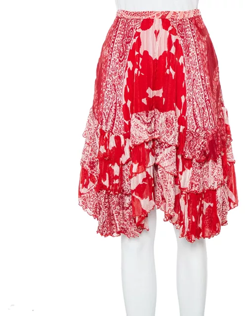 Etro Red Printed Silk Tiered Mini Skirt