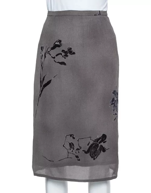 Max Mara Grey Floral Printed Chiffon Midi Skirt