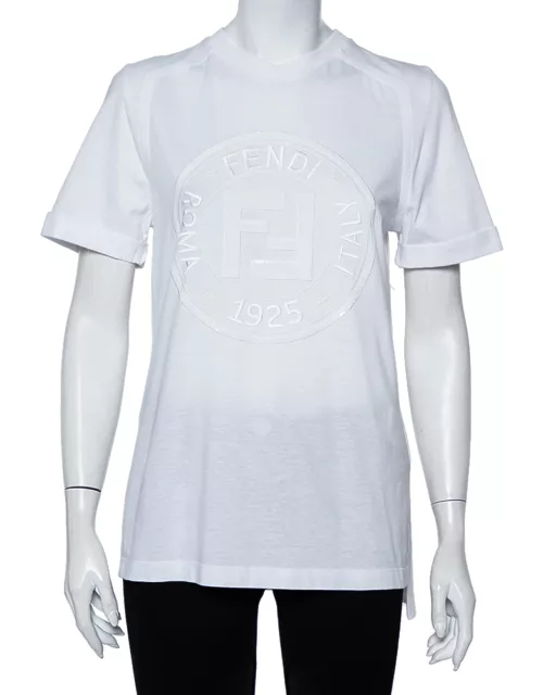 Fendi White Sequin Embellished Logo Embroidered Cotton Fringed Detail T shirt