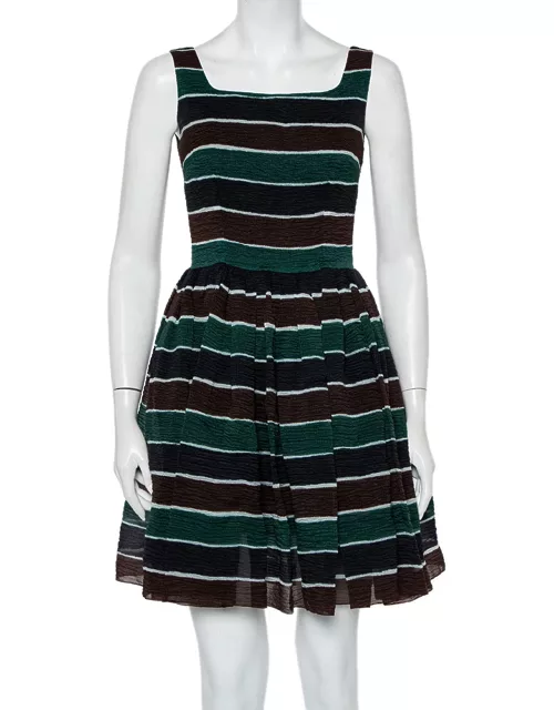 Dolce & Gabbana Multicolor Striped Textured Silk Pleated Mini Dress