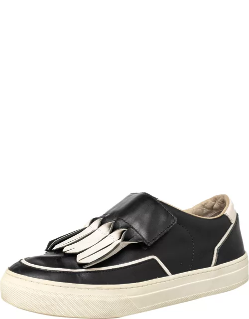 Tod's Black/White Leather Fringe Detail Slip On Sneaker