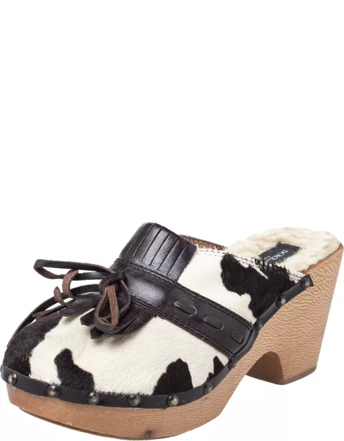 Dolce & Gabbana Brown Calf Hair And Leather Bow Fringe Detail Wooden Clog