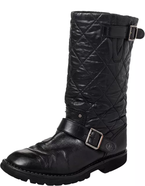 Chanel Black Quilted Coated Fabric And Leather Mid Calf Boot