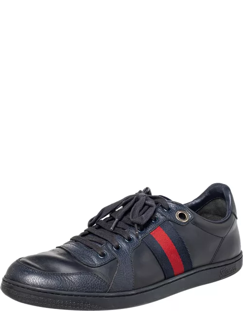 Gucci Navy Blue Leather And Canvas Web Low Top Sneaker